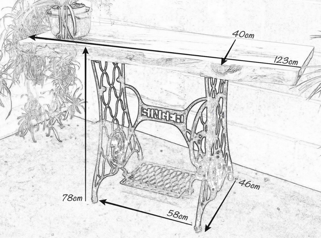 Pencil drawing of a Singer Console Table with dimensions